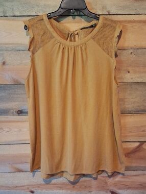 Doe & Rae Mustard Crochet-Yoke Sleeveless Top